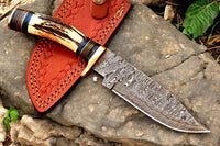 Antler horn and exotic wood handle on a 9.5-inch Damascus hunting knife.
