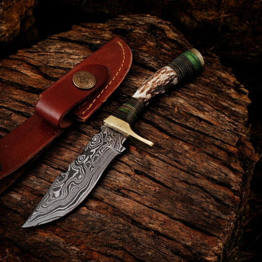 Custom handmade Damascus Bowie knife with antler horn handle
