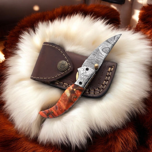 Custom Handmade Damascus Pocket Knife with Epoxy Resin Handle
