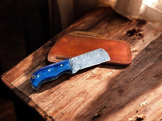 Custom Bull Cutter Knife with Damascus Steel Blade and Exotic Wood Handle
