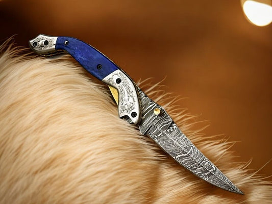 Big Pocket Knife with Damascus Steel Blade and Blue Wood Handle
