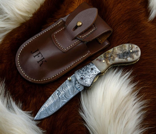 Custom Handmade Damascus Steel Foldable Knife with Sheep Horn Handle
