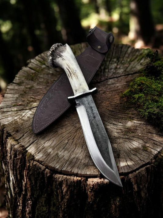 Handmade Bowie Knife with high carbon steel blade and antler horn handle
