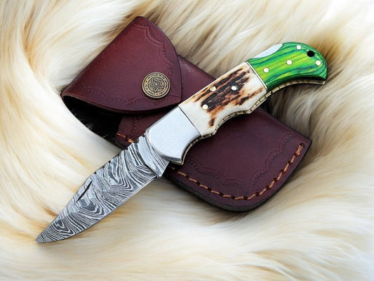 Stag and Green Pakka Wood Handle Folding Knife
