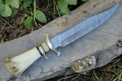 Custom Handmade Damascus Steel Bowie Knife with Bone Handle
