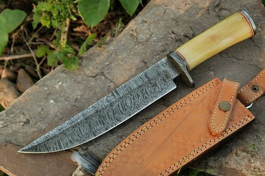 Custom Handmade Damascus Steel Bowie Blade with Bone Handle
