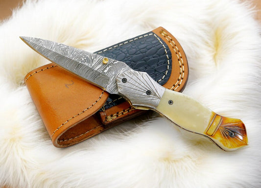 3-inch Damascus Blade Folding Dagger with Bone Handle
