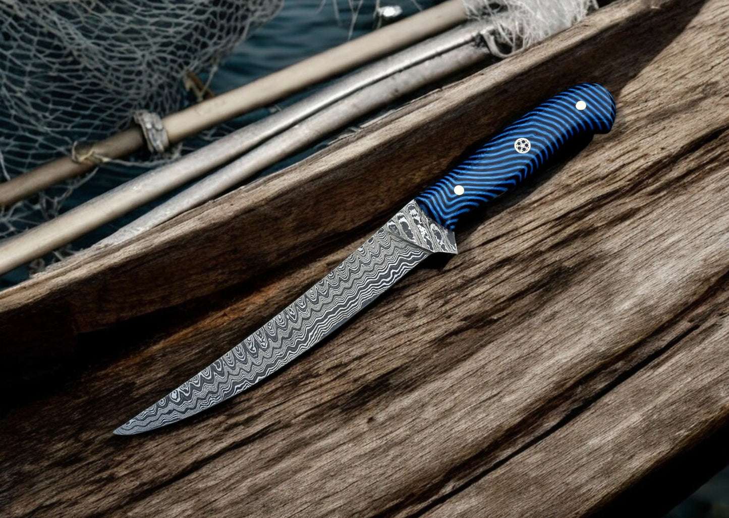 Damascus Steel Fillet Knife with Royal Blue Handle – Side View
