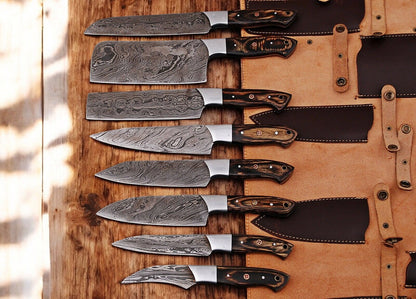 Beautiful exotic wood handles with steel bolster on the kitchen knives.
