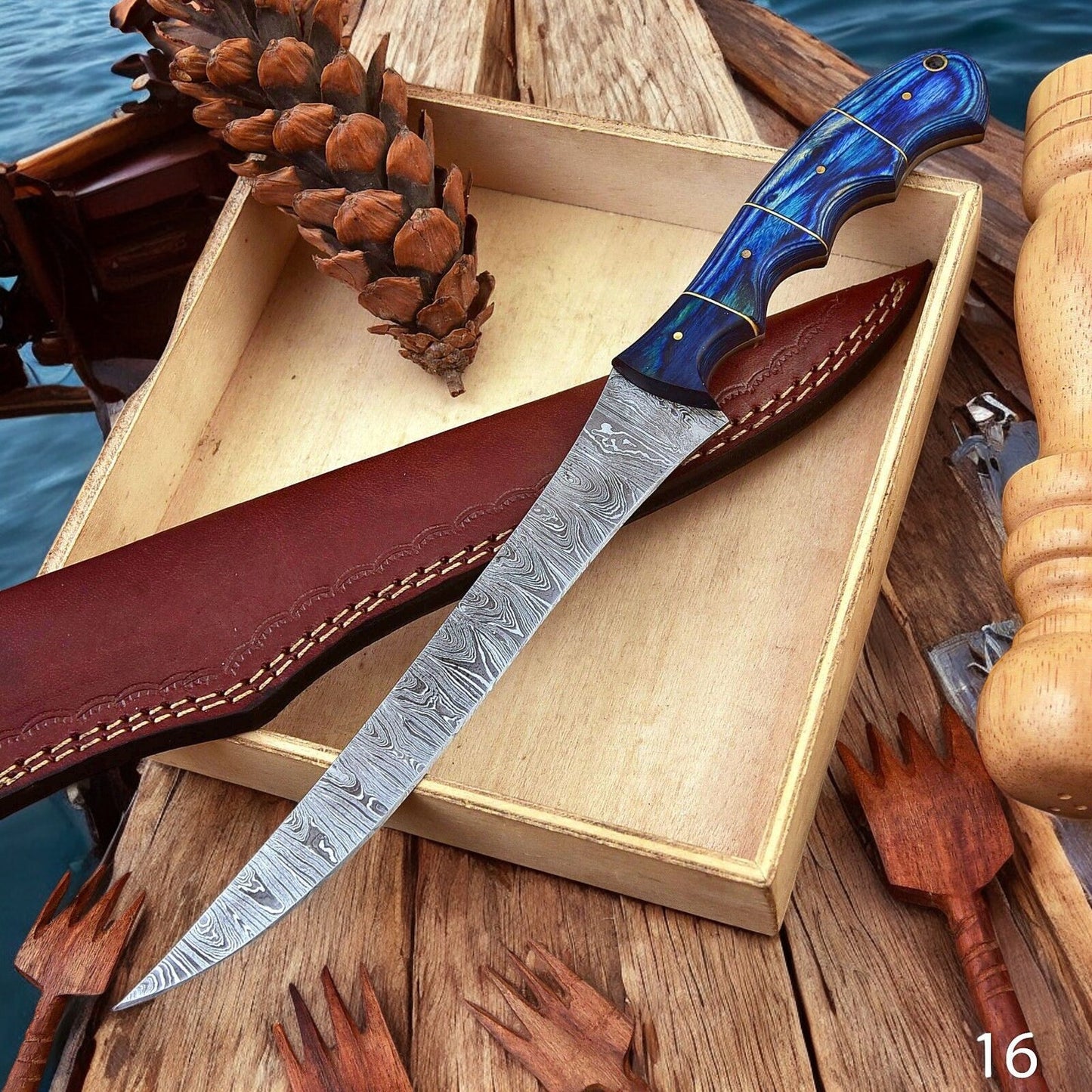 Full View of 12-inch Damascus Steel Fillet Knife
