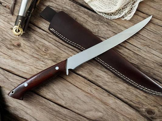 Handmade Stainless Steel Fillet Knife with Protective Leather Sheath
