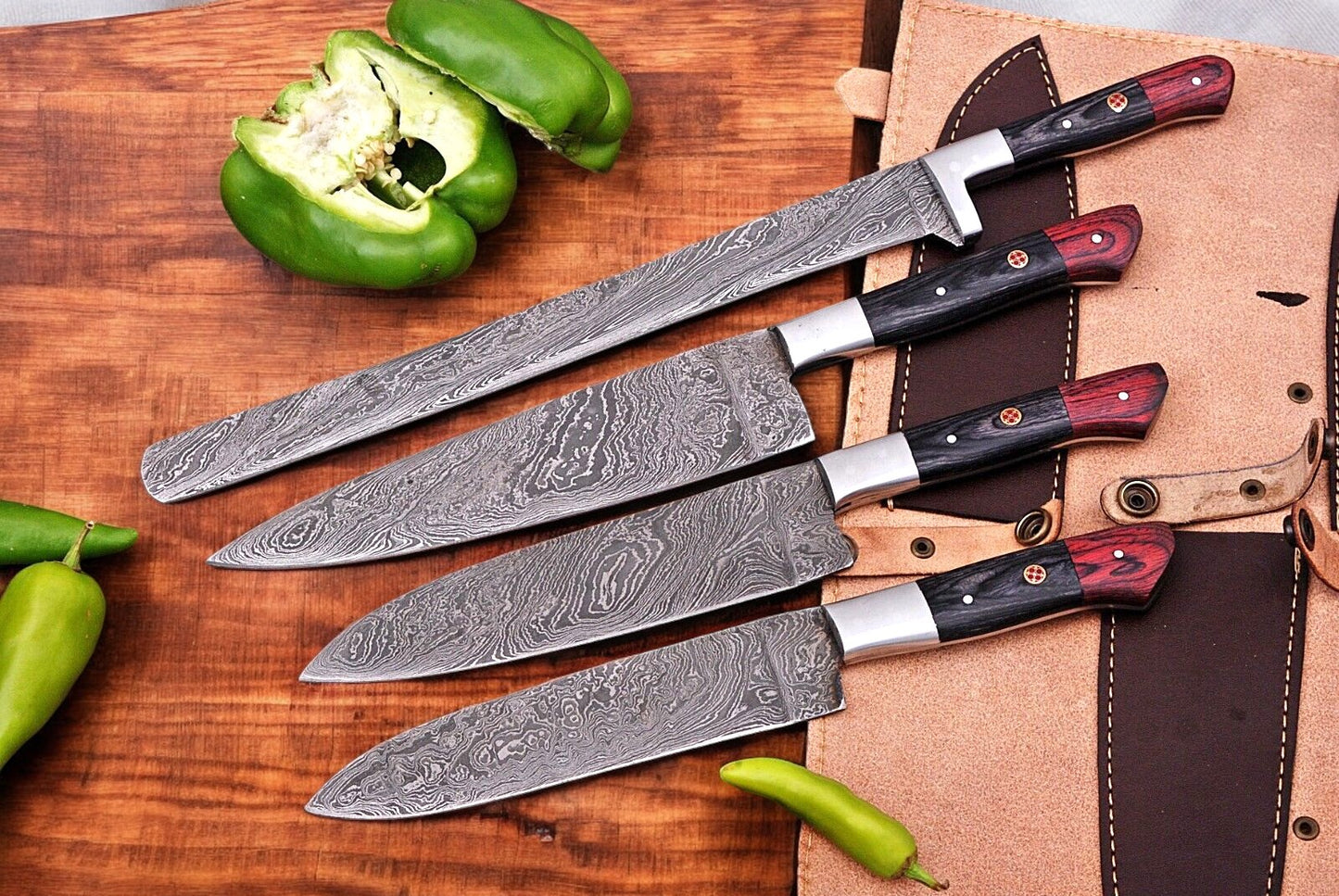 Damascus steel chef knife with exotic wood handle.
