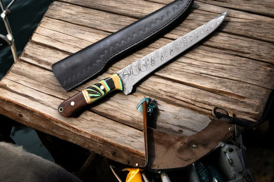 Custom Handmade Damascus Fillet Knife with Rosewood and Bone Handle
