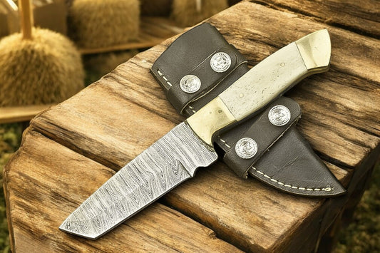 Custom Damascus Steel Cowboy Knife with Bone Handle and Sheath
