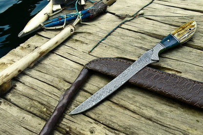 Handmade Damascus Steel Fillet Knife with Leather Sheath
