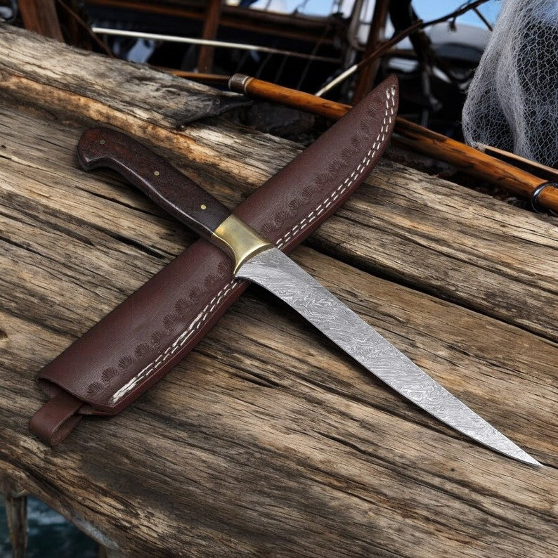 Rosewood Handle Damascus Fillet Knife with Brass Bolster
