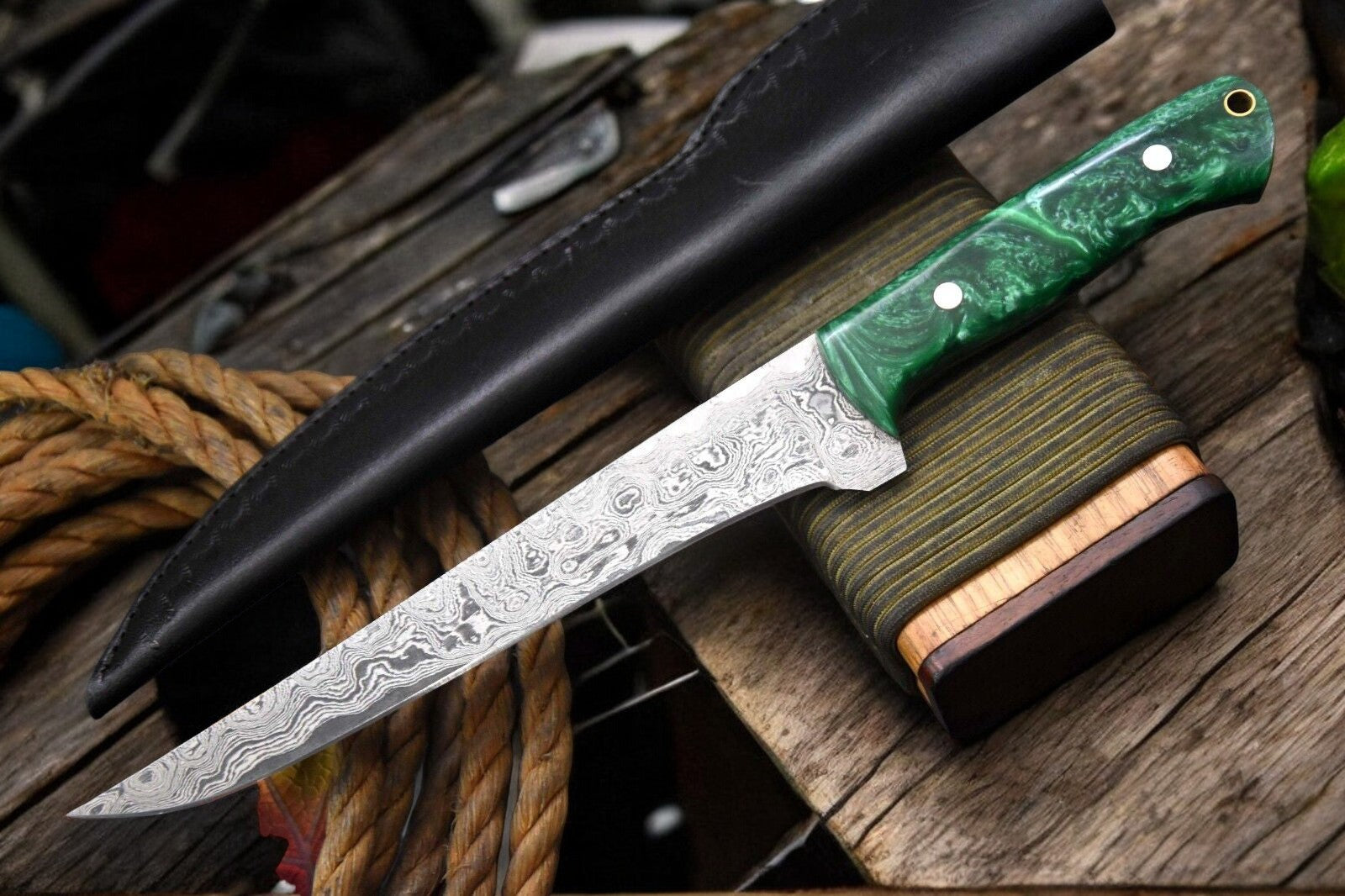 Overall View of 12.8-inch Custom Fillet Knife with Damascus Steel Blade
