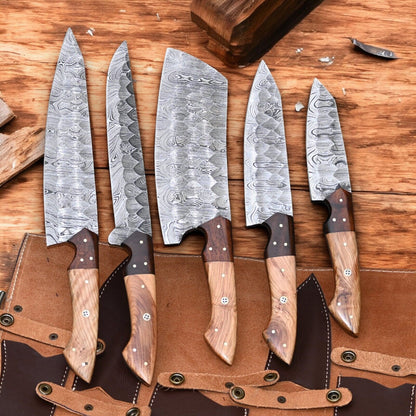 Damascus knife set featuring rosewood and exotic wood handles.
