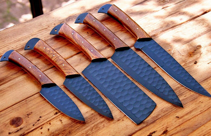 Custom handmade knives with ergonomic burl wood handles.
