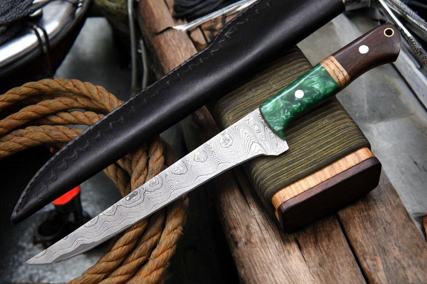 Overall View of Hand Forged Damascus Fillet Knife
