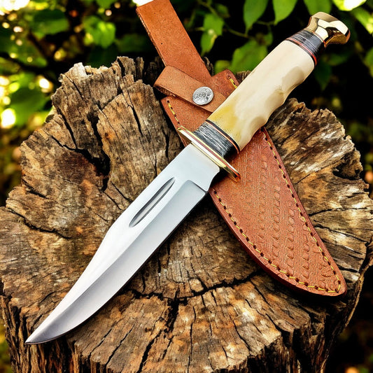 Close-up of Brass Guard on Fixed Blade Bowie Knife
