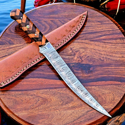 Blade Close-up of Damascus Steel Custom Fillet Knife
