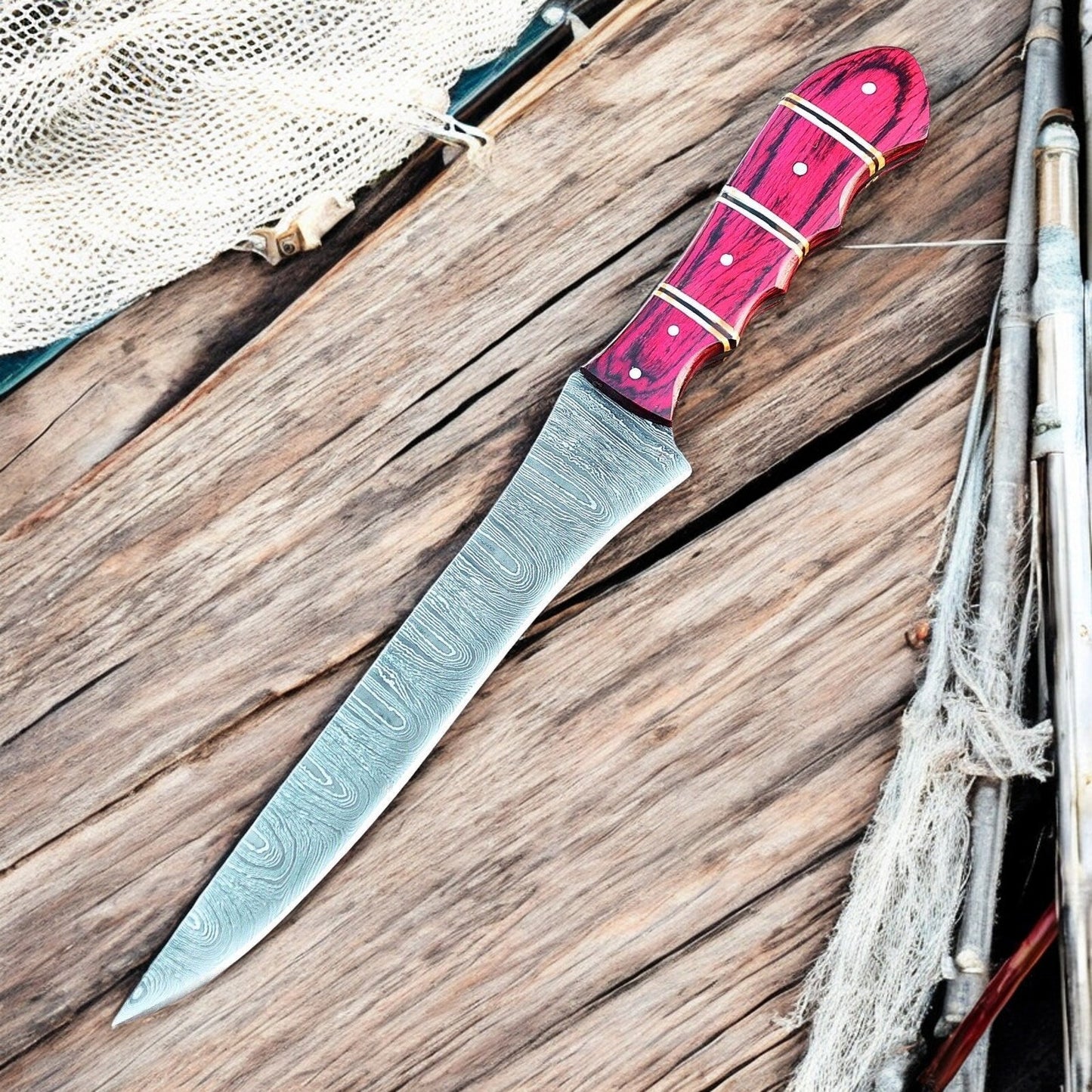 Handmade Damascus Filleting Knife for Fish Preparation
