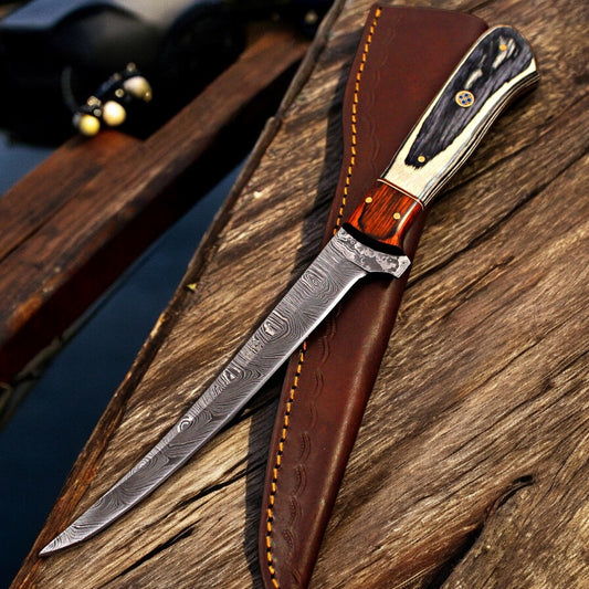 Custom Damascus Fillet Knife with Leather Sheath
