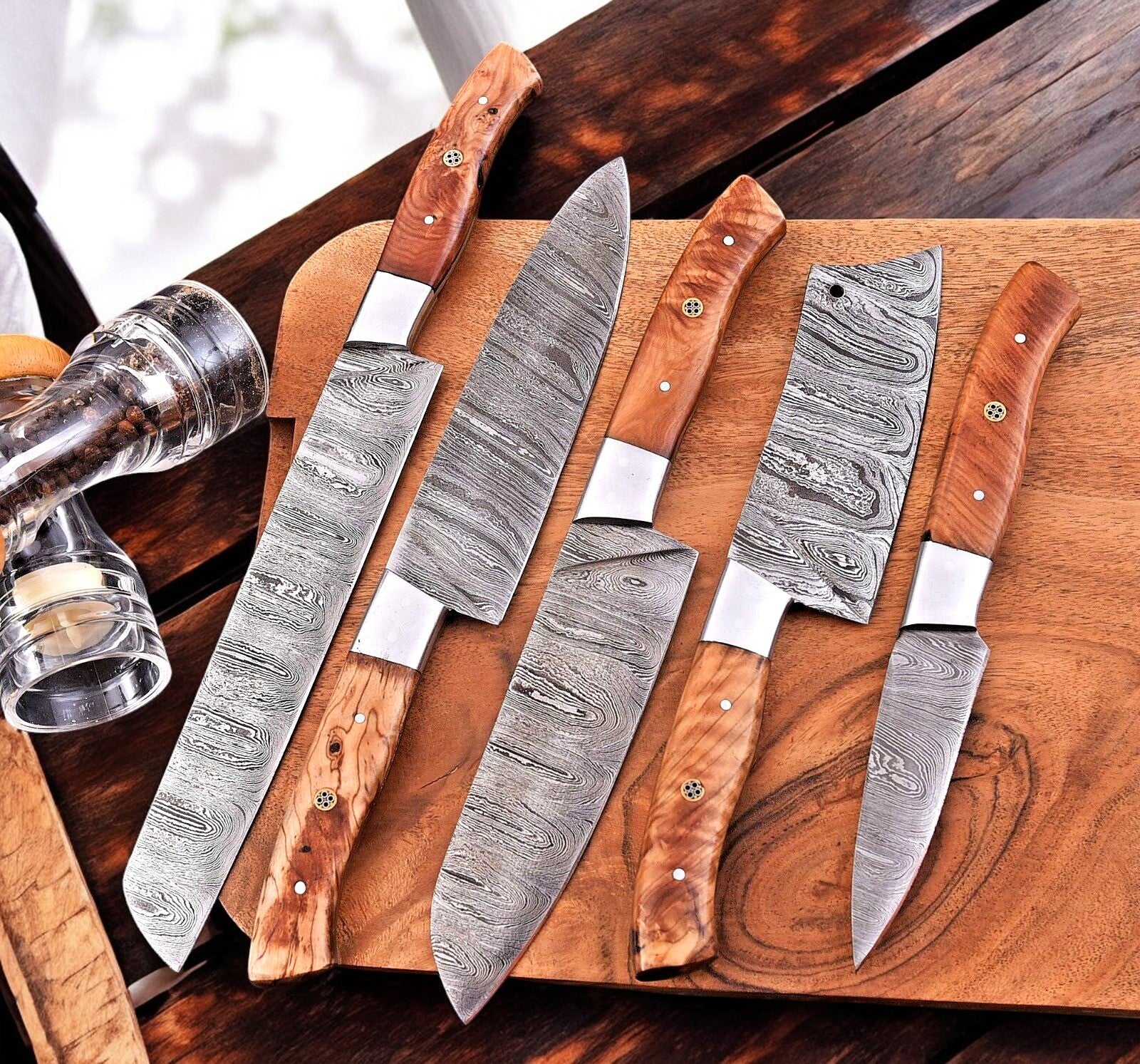 Handmade Damascus custom kitchen knives set
