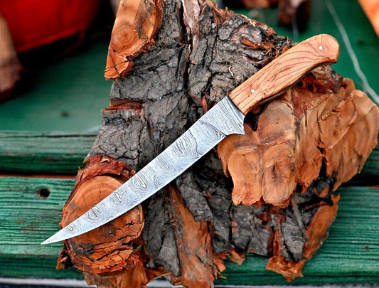 Custom Handmade Damascus Filleting Knife with Olive Wood Handle
