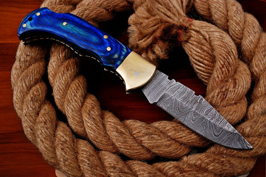 Custom Handmade Damascus Pocket Knife with Blue Exotic Wood Handle
