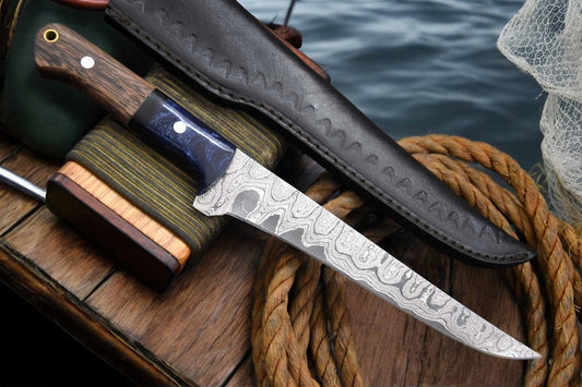 Custom Handmade Damascus Steel Fillet Knife with Olivewood Handle
