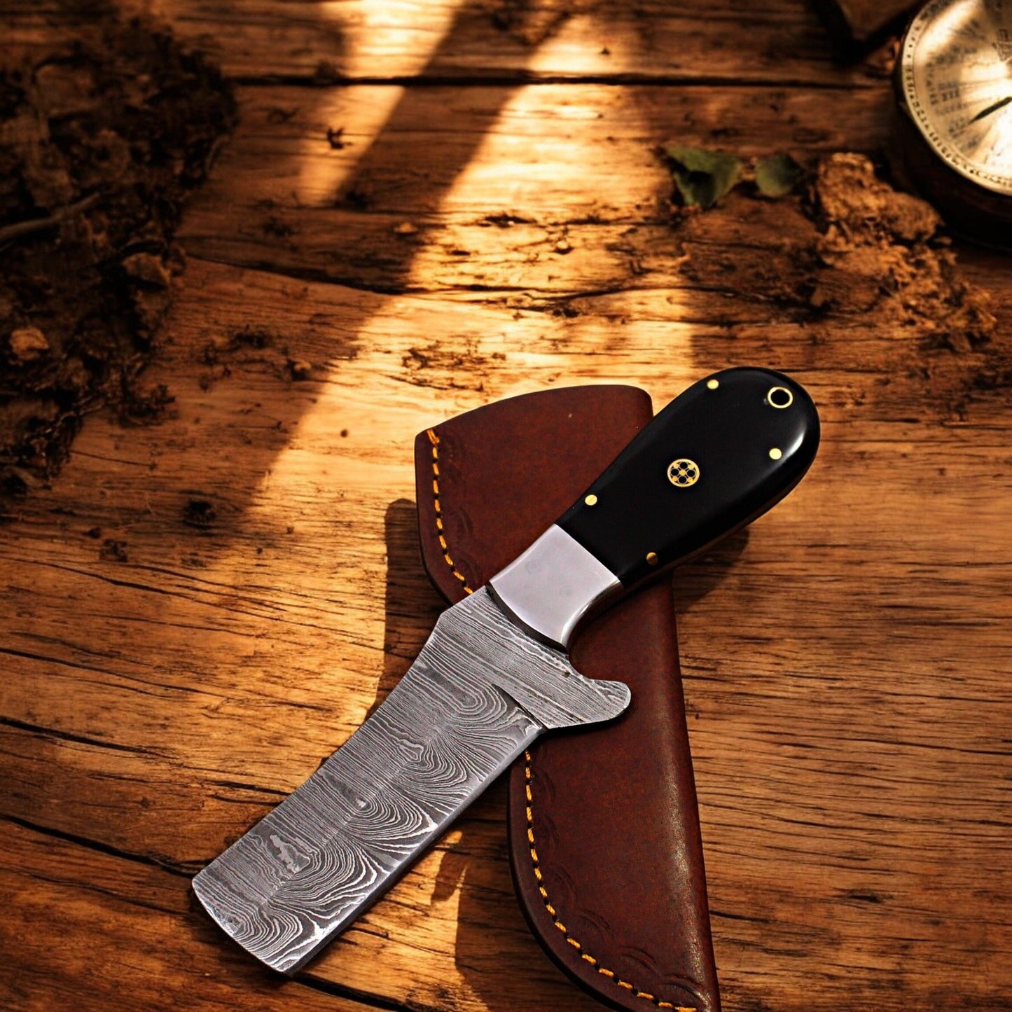 Full View of 8-inch Damascus Bull Cutter Knife with Leather Sheath
