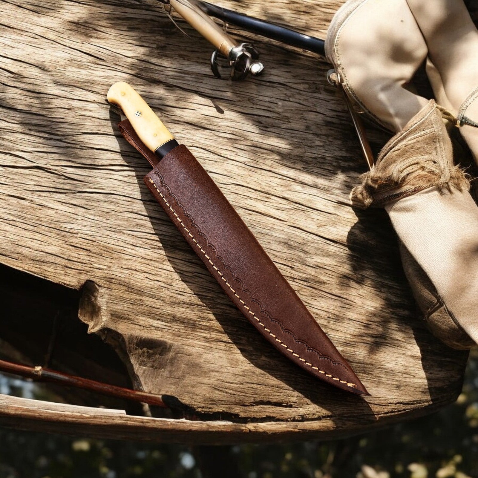 Custom Damascus Filleting Knife with Leather Sheath
