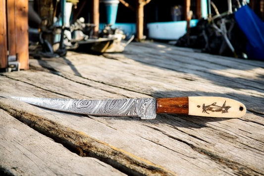 Handmade Damascus Steel Fillet Knife with Engraved Camel Bone Handle
