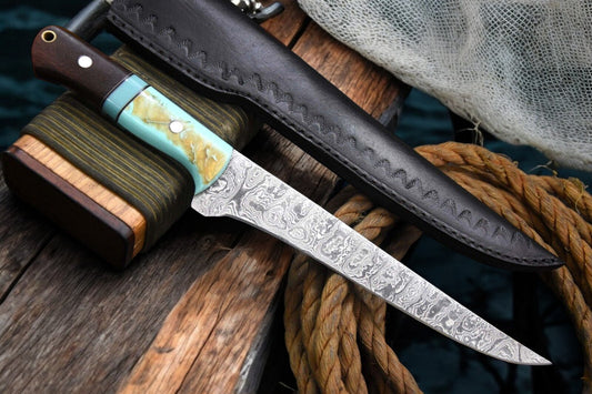 Handmade Damascus Fillet Knife with Rosewood and Resin Handle
