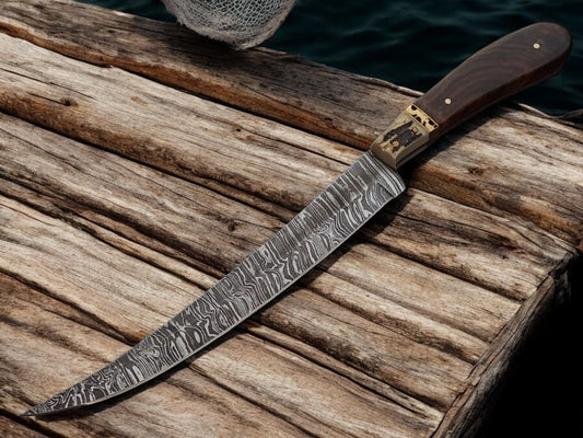 Hand Forged Damascus Steel Fillet Knife with Rosewood and Antler Horn Handle
