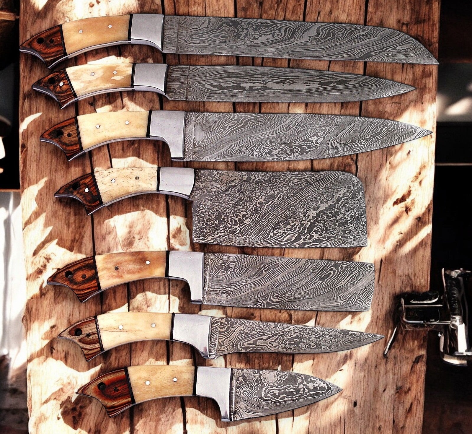 Damascus knife set with bone and exotic wood handles
