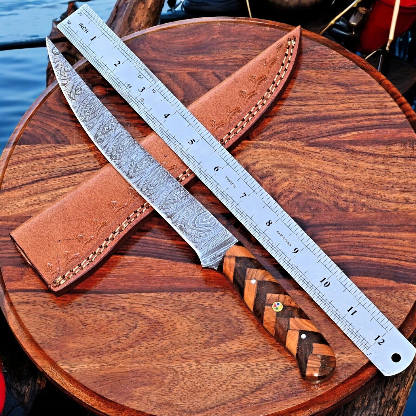 Custom Handmade Damascus Steel Fillet Knife with Olivewood and Rosewood Handle
