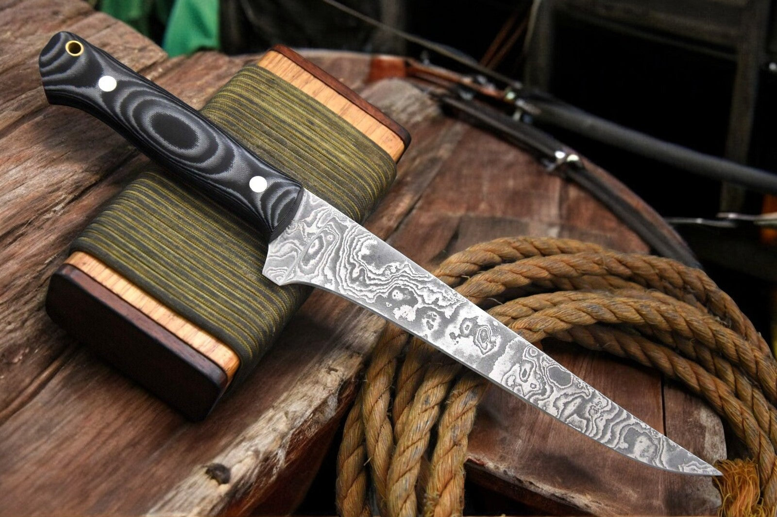 Damascus Steel Knife for Filleting Fish with G-10 Micarta Handle
