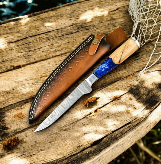 Personalized Fillet Knife with Damascus Steel Blade and Olive Wood Handle
