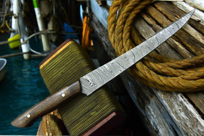 Custom Handmade Damascus Steel Fillet Knife with Walnut Wood Handle
