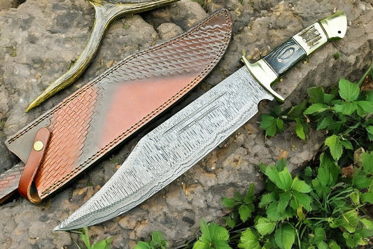 Large Bowie Knife with Damascus Steel Blade and Antler Horn Handle
