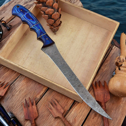 Custom Handmade Damascus Steel Fillet Knife with Exotic Wood Handle
