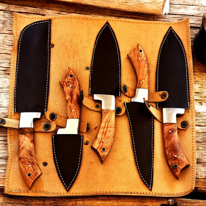 The custom kitchen knives set packaged neatly in its leather roll.
