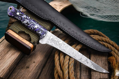 Custom Handmade Damascus Steel Fillet Fish Knife with Exotic Pakka Wood Handle
