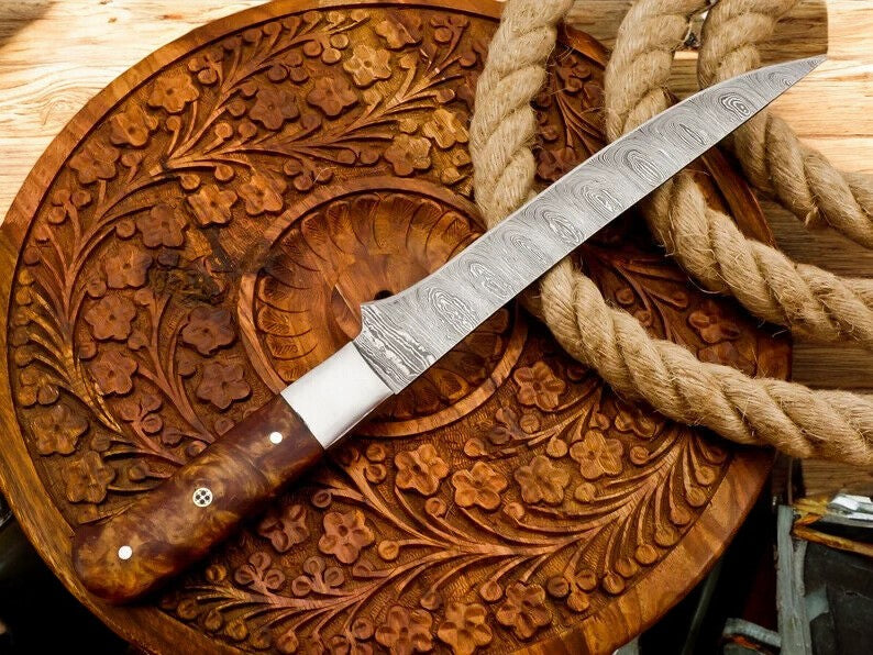 Custom Handmade Damascus Steel Knife for Filleting Fish with Rosewood Handle
