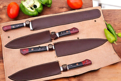 Set of custom-made chef knives in leather roll.
