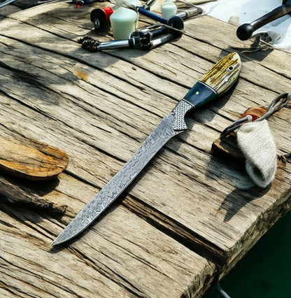 12.5-inch Custom Fillet Knife with Buffalo Horn and Damascus Bolster
