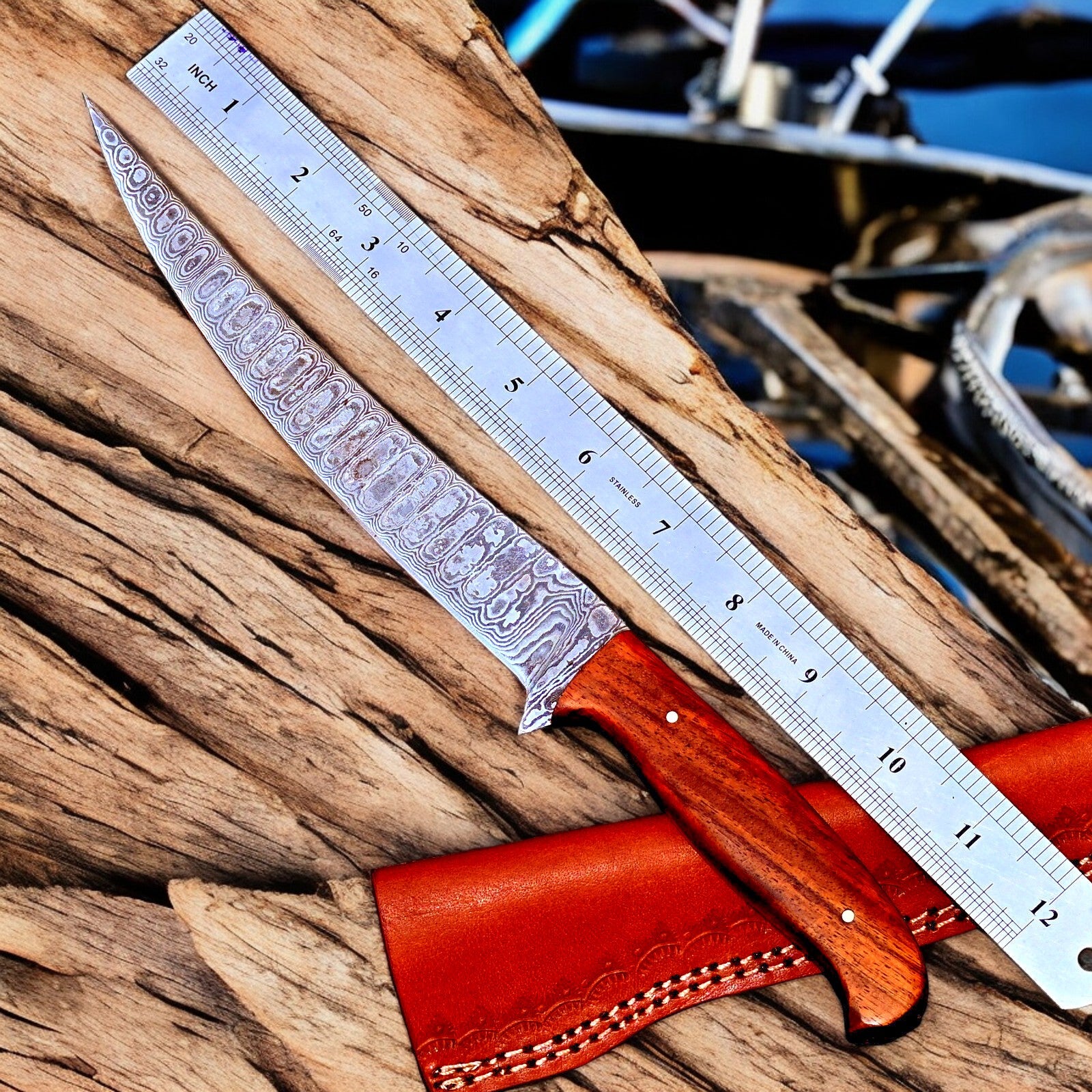 Handmade Damascus Fillet Knife with Rosewood Handle and Leather Sheath
